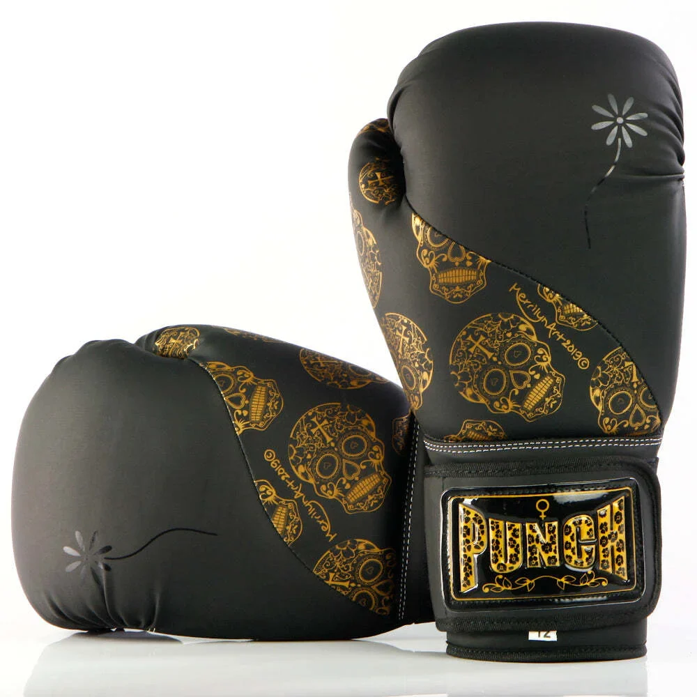 Boxing Gloves - Urban Gold Skulls - 12oz - Black