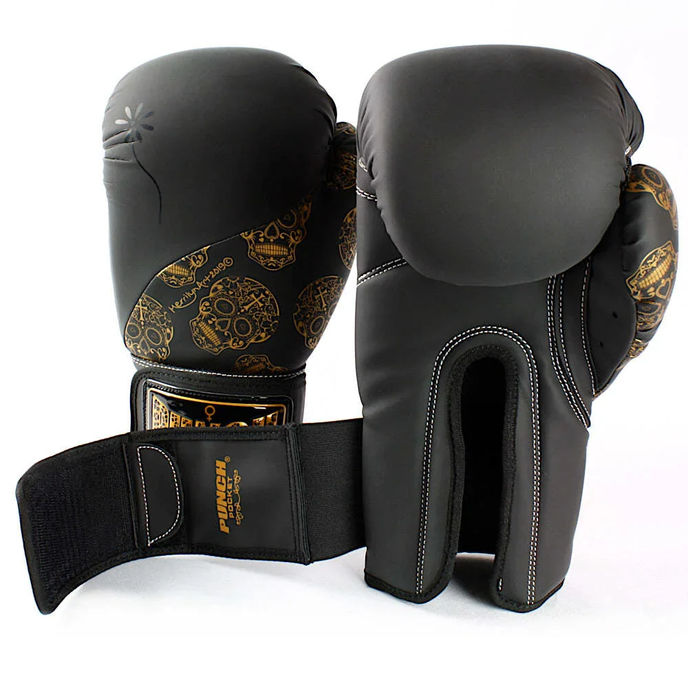 Boxing Gloves - Urban Gold Skulls - 12oz - Black - Image 3